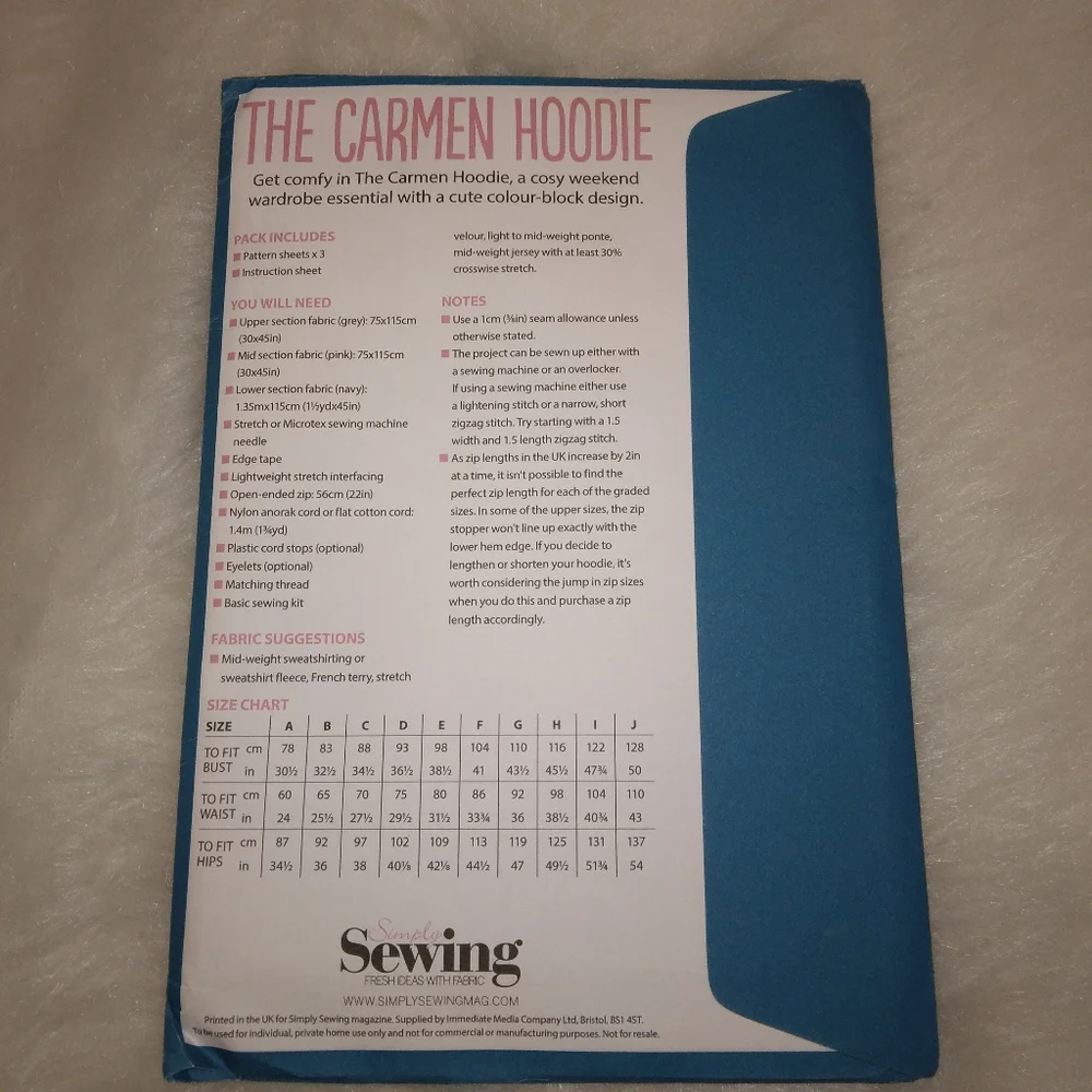 Simply Sewing The Carmen Hoodie, Fits bustline 30.5 in - 50 in.